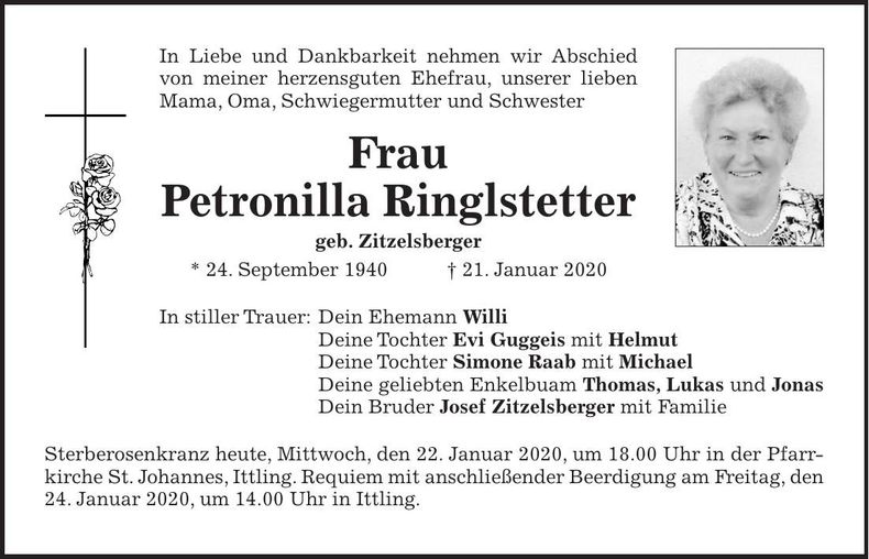 Traueranzeige Petronilla Ringlstetter