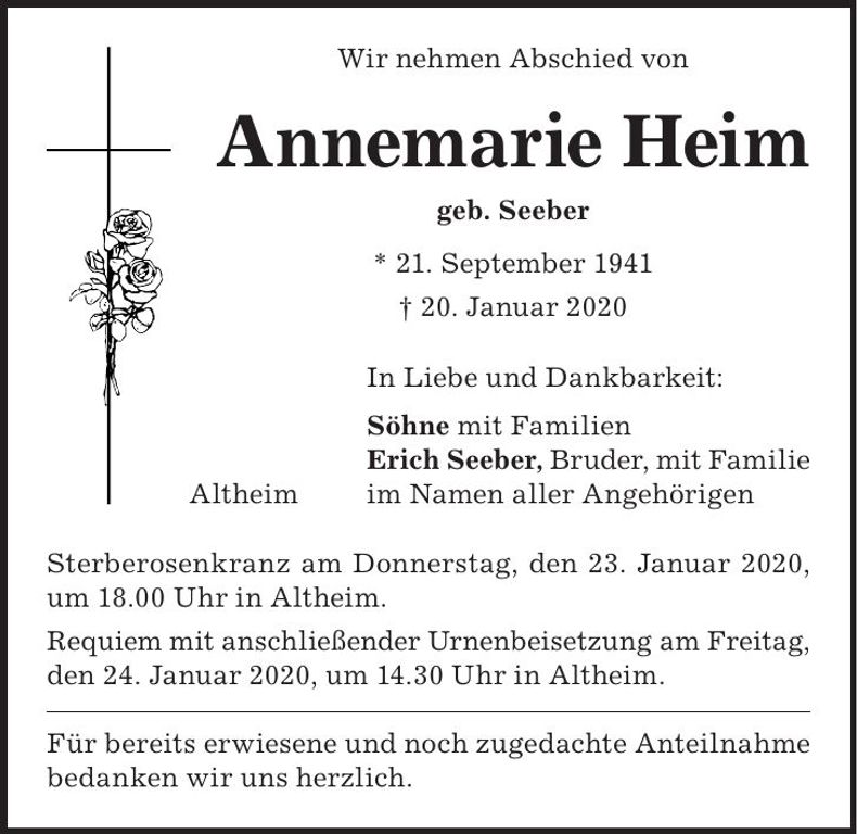 Traueranzeige Annemarie Heim
