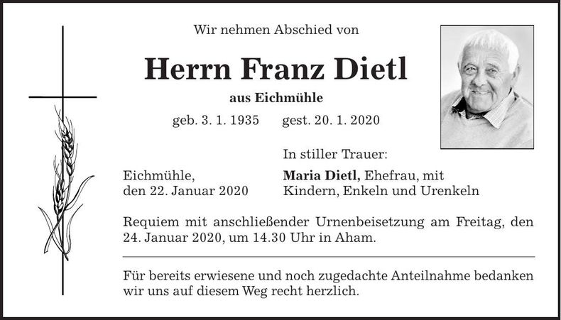 Traueranzeige Franz Dietl