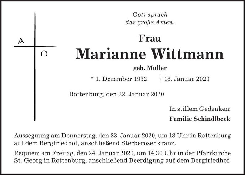 Traueranzeige Marianne Wittmann