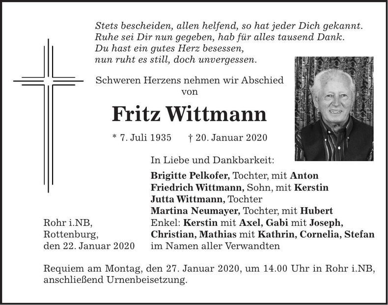 Traueranzeige Fritz Wittmann