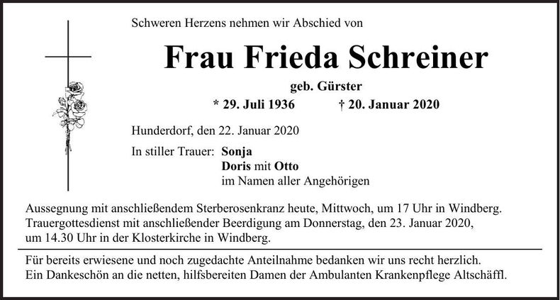Traueranzeige Frieda Schreiner