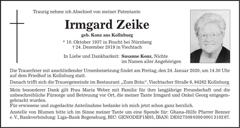 Traueranzeige Zeike Irmagrd