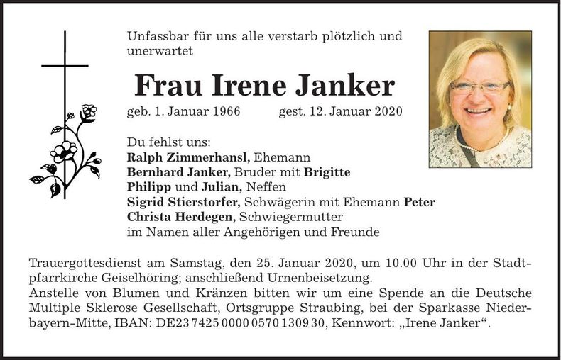 Traueranzeige Irene Janker