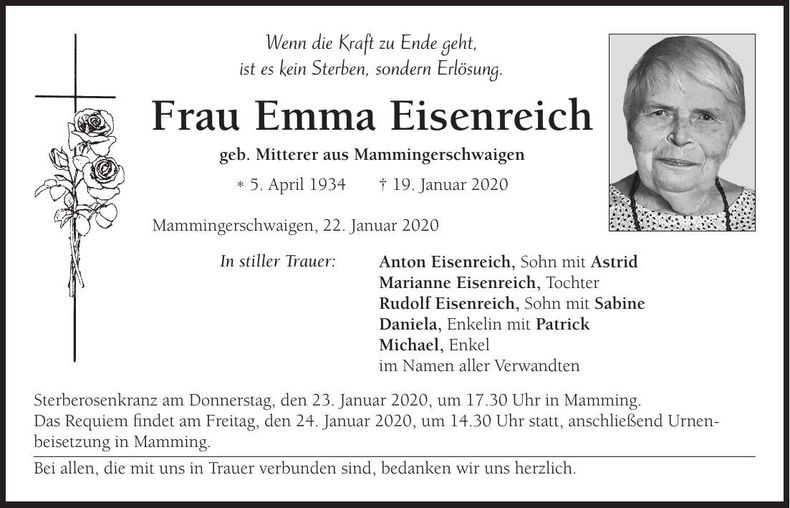 Traueranzeige Emma Eisenreich