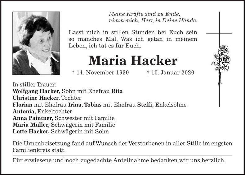 Traueranzeige Maria Hacker
