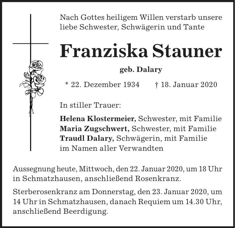 Traueranzeige Franziska Stauner