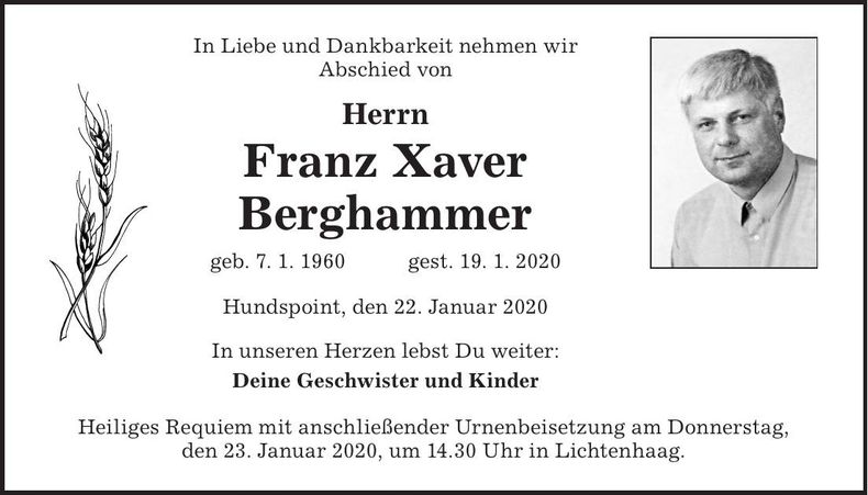 Traueranzeige Franz Xaver Berghammer