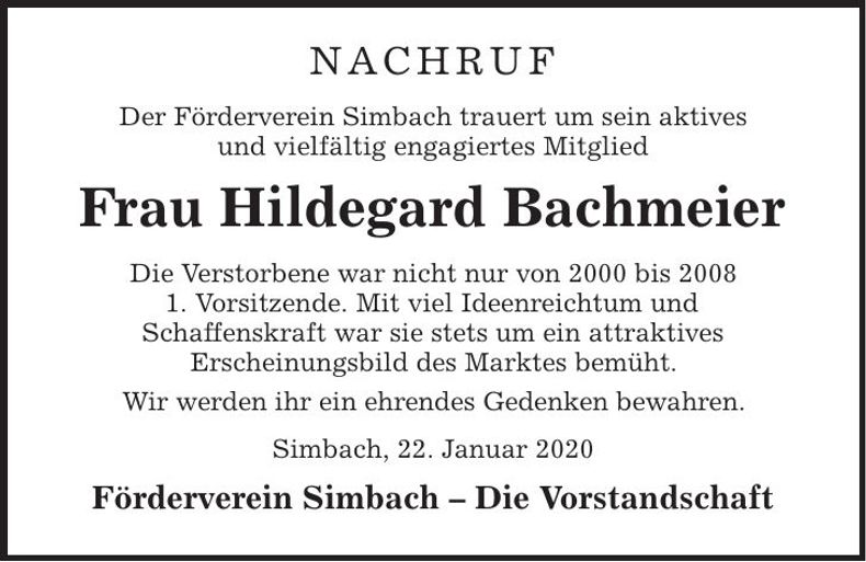 Traueranzeige Hildegard Bachmeier