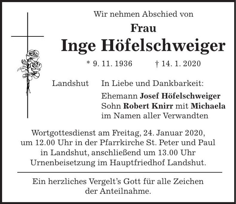 Traueranzeige Inge Höfelschweiger