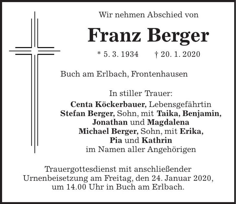 Traueranzeige Franz Berger