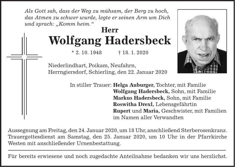 Traueranzeige Wolfgang Hadersbeck