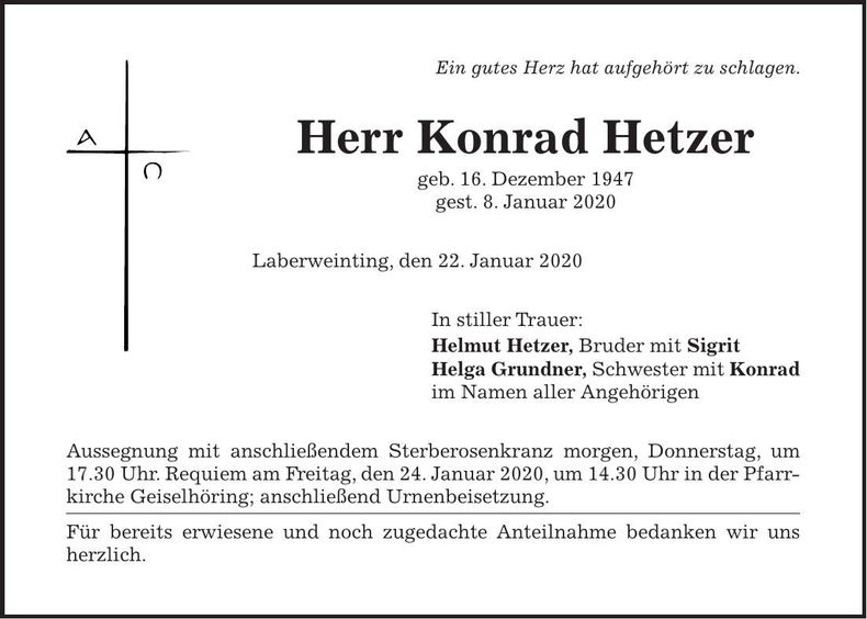 Traueranzeige Konrad Hetzer