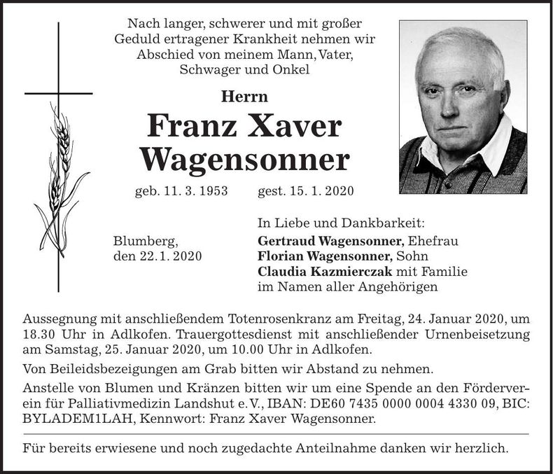 Traueranzeige Franz Xaver Wagensonner