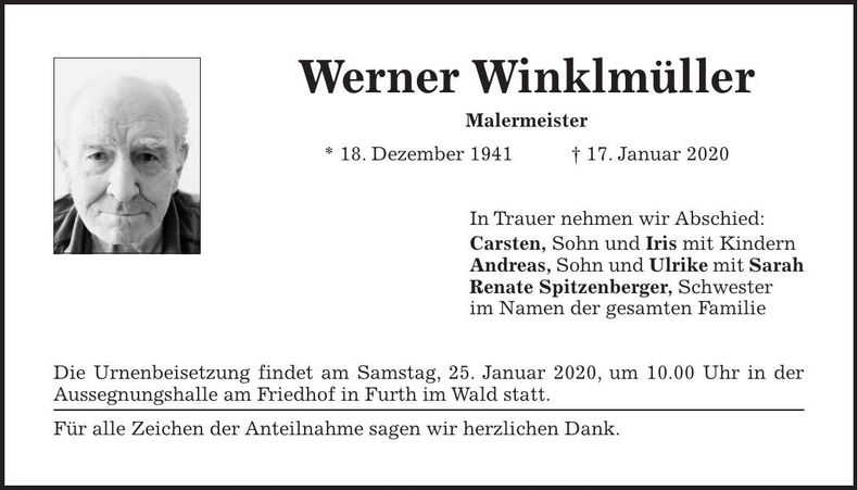 Traueranzeige Werner Winklmüller
