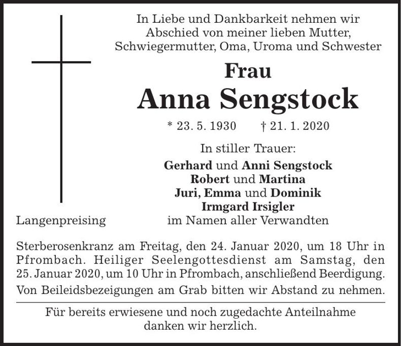 Traueranzeige Anna Sengstock