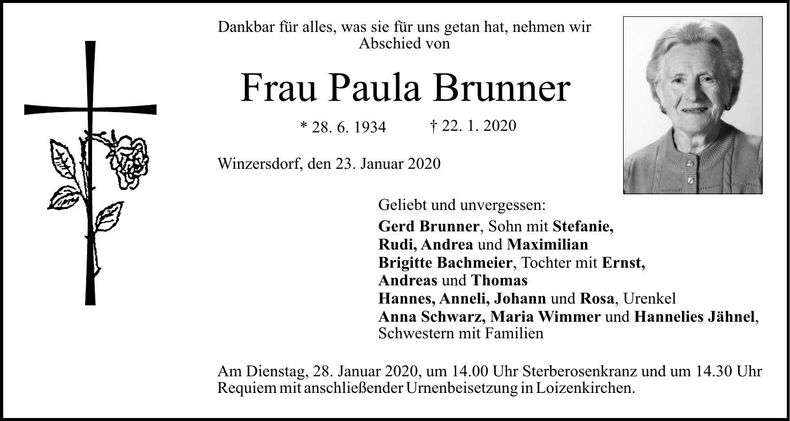 Traueranzeige Paula Brunner
