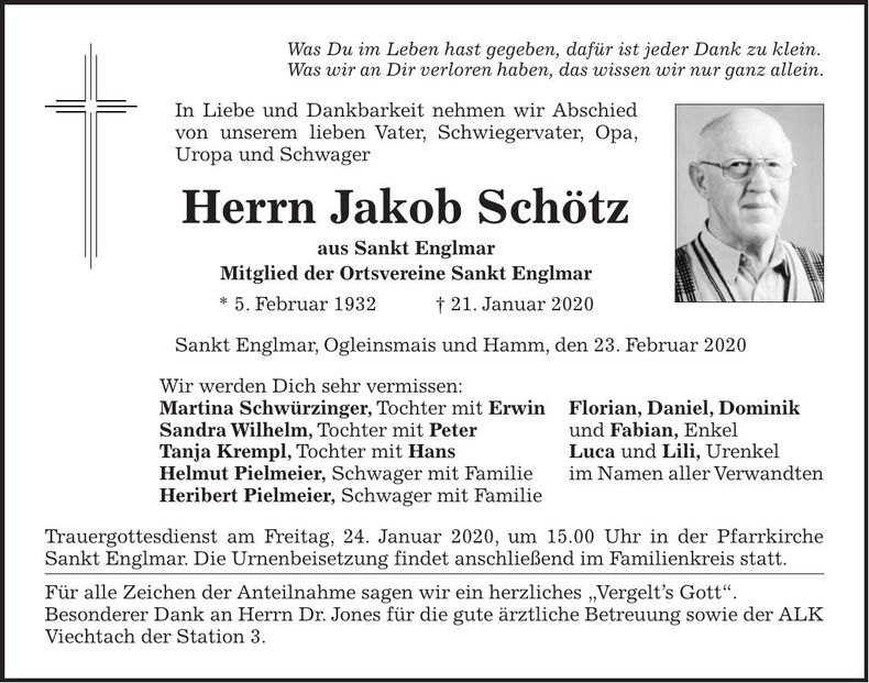 Traueranzeige Schötz Jakob