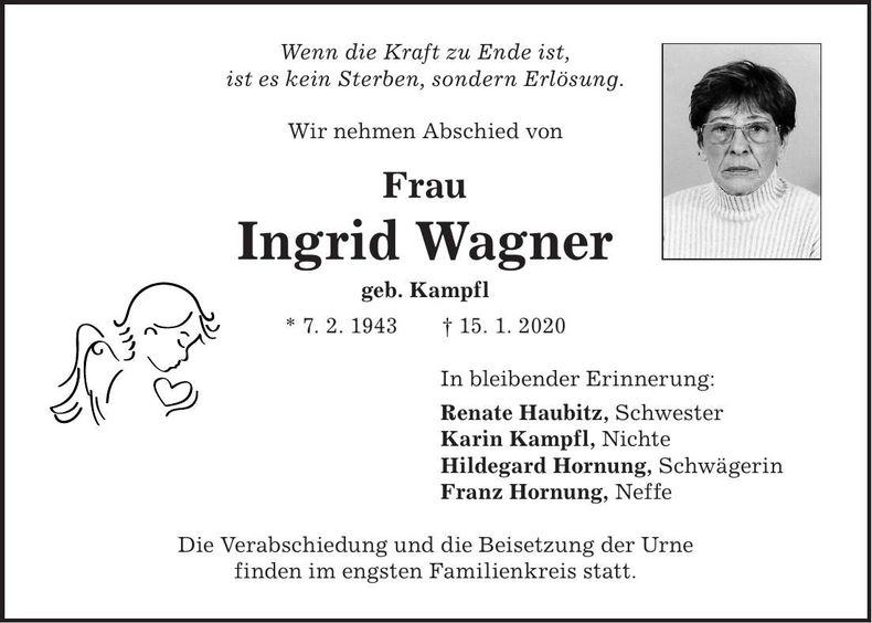 Traueranzeige Ingrid Wagner