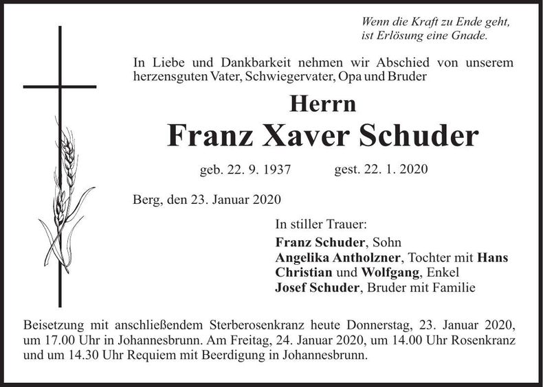 Traueranzeige Franz Xaver Schuder