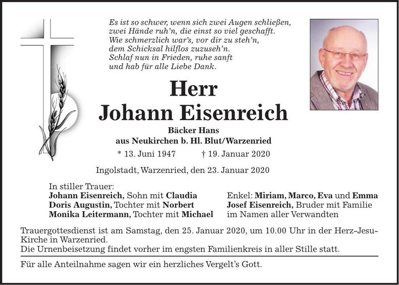 Traueranzeige Johann Eisenreich