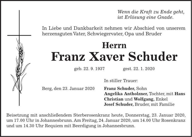 Traueranzeige Franz Xaver Schuder