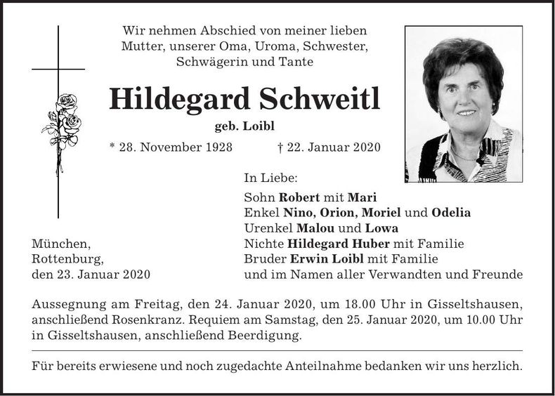 Traueranzeige Hildegard Schweitl