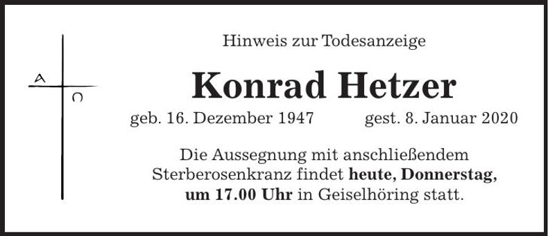 Traueranzeige Konrad Hetzer