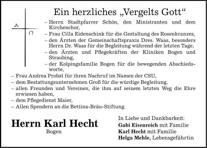 Traueranzeige Karl Hecht