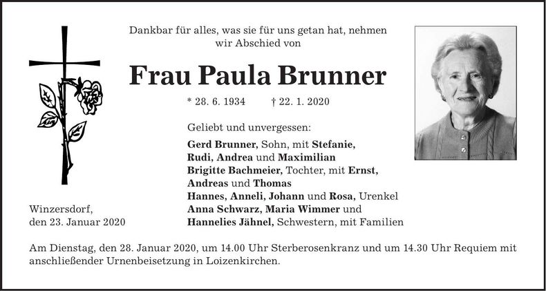 Traueranzeige Paula Brunner