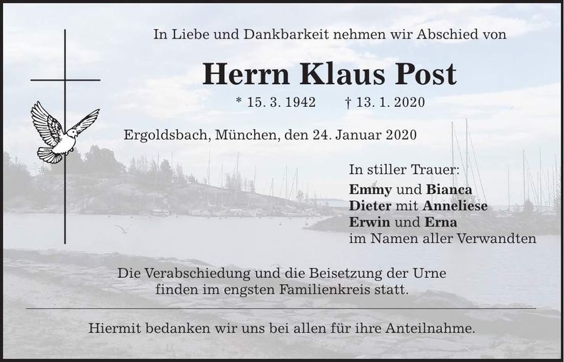 Traueranzeige Klaus Post