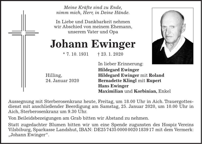 Traueranzeige Johann Ewinger