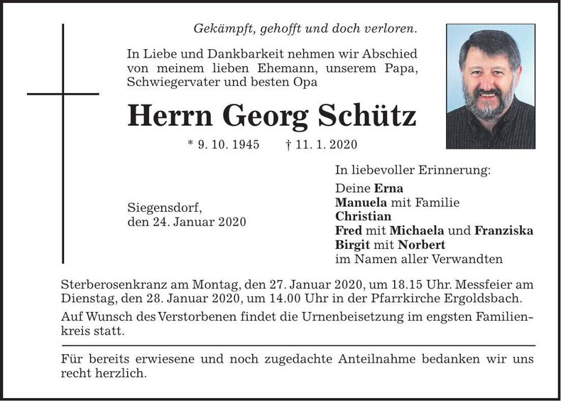 Traueranzeige Georg Schütz