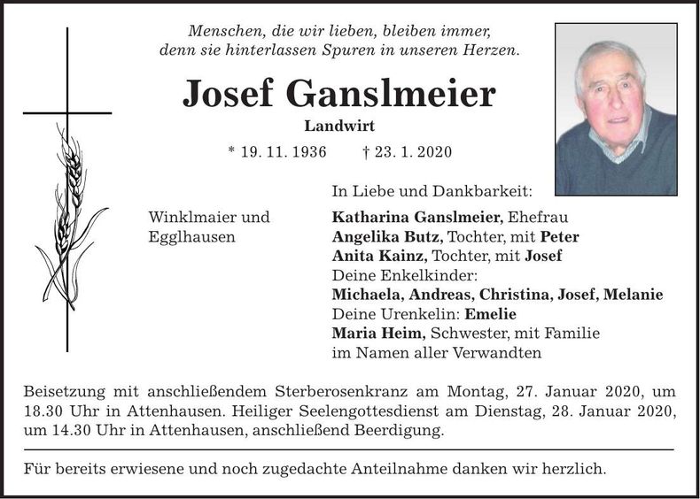 Traueranzeige Josef Ganslmeier