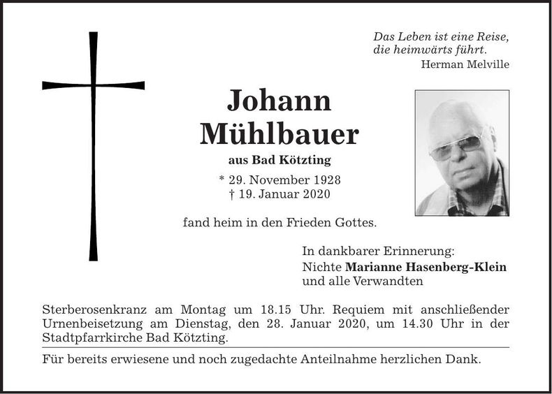 Traueranzeige Johann Mühlbauer