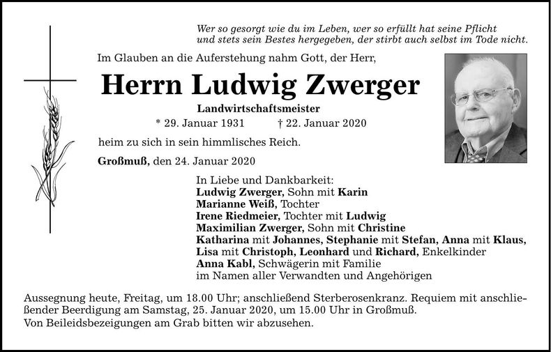 Traueranzeige Ludwig Zwerger