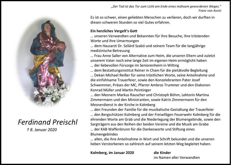 Traueranzeige Ferdinand Preischl