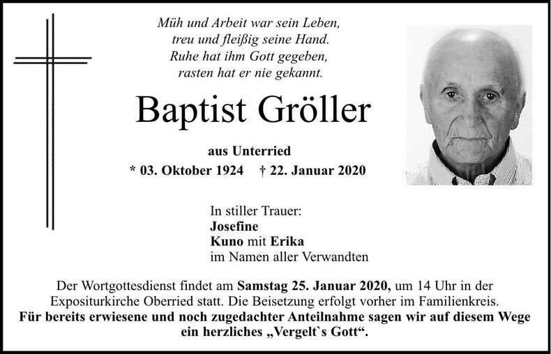 Traueranzeige Gröller Babtist