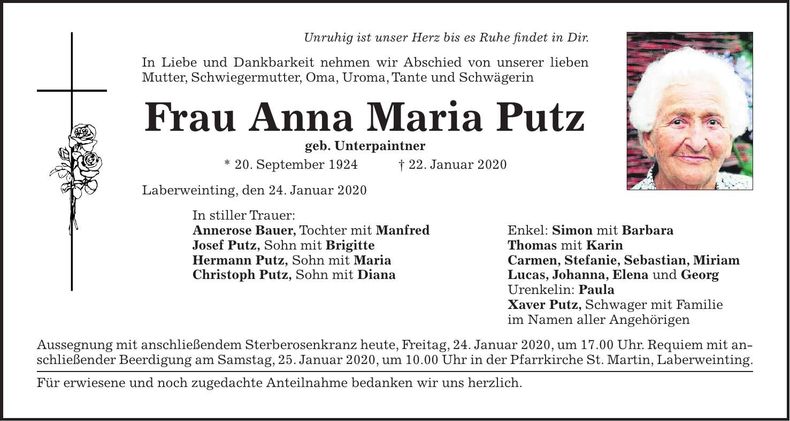 Traueranzeige Anna Maria Putz