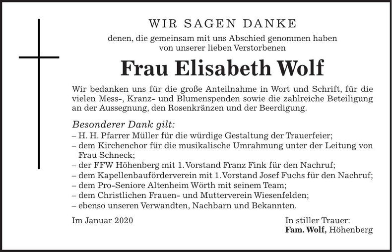 Traueranzeige Elisabeth Wolf