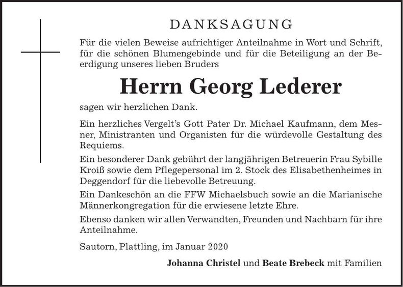 Traueranzeige Georg Lederer