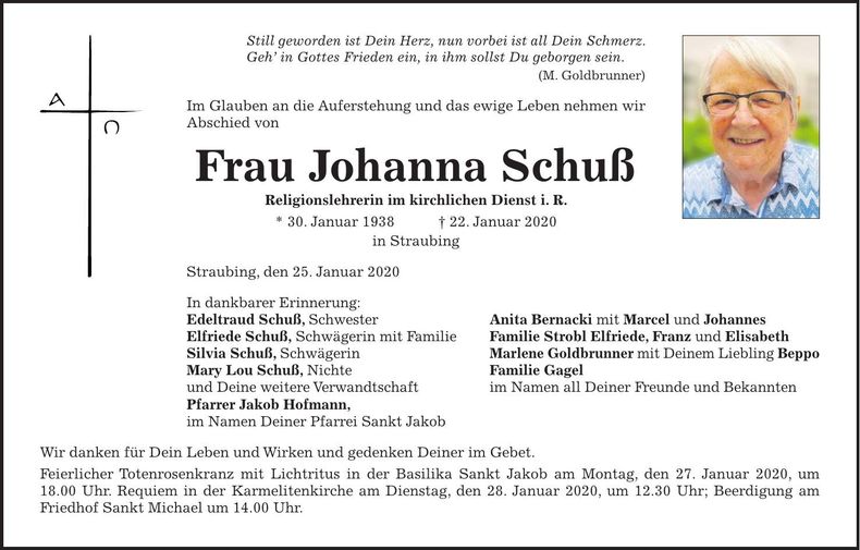 Traueranzeige Johanna Schuß