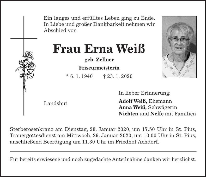 Traueranzeige Erna Weiß