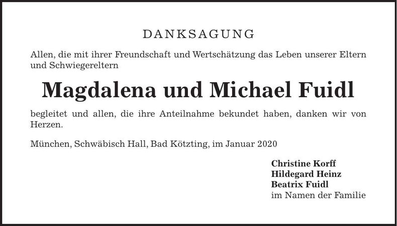 Traueranzeige Magdalena und Michael Fuidl