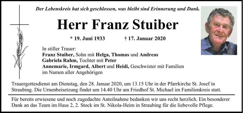 Traueranzeige Franz Stuiber
