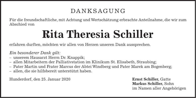 Traueranzeige Rita Theresia Schiller