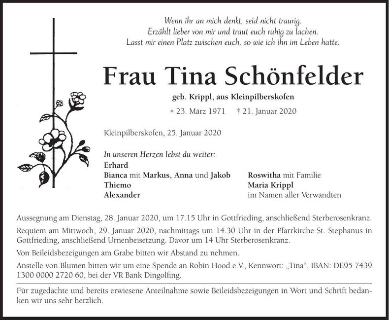 Traueranzeige Tina Schönfelder