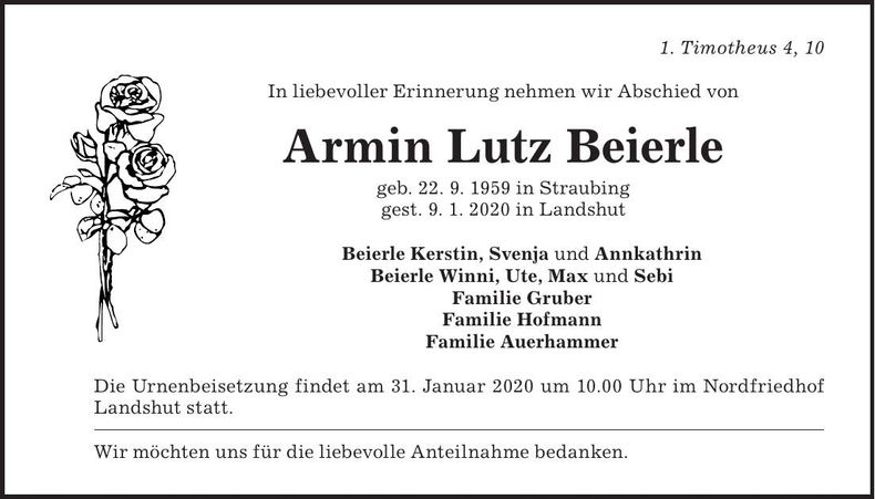 Traueranzeige Armin Lutz Beierle