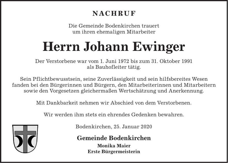 Traueranzeige Johann Ewinger