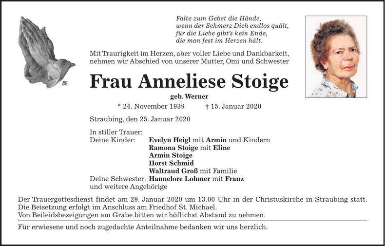 Traueranzeige Anneliese Stoige